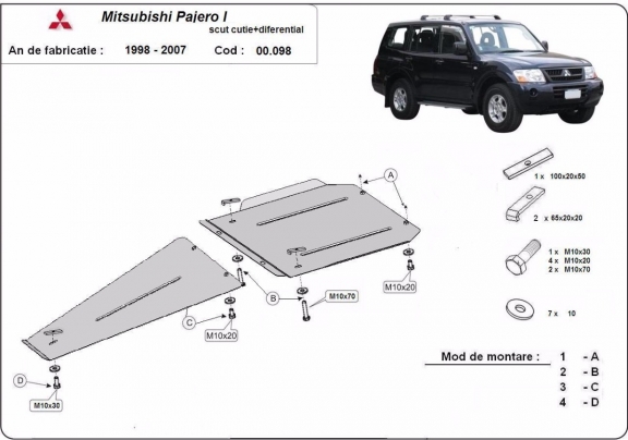 Steel gearbox and differential skid plate for Mitsubishi Pajero Sport 1
