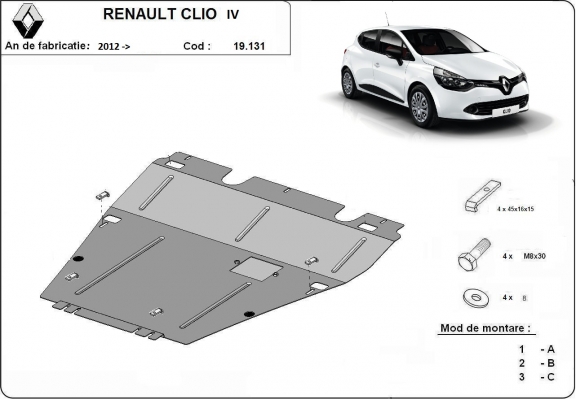 Steel skid plate for the protection of the engine and the gearbox for Renault Clio 4