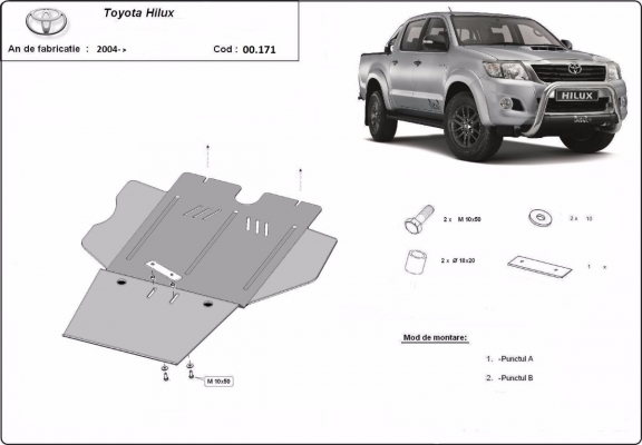 Steel gearbox and particle filter skid plate for Toyota Hilux 