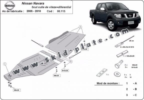 Steel gearbox and differential skid plate for Nissan Navara