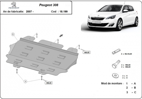 Steel skid plate for Peugeot 308