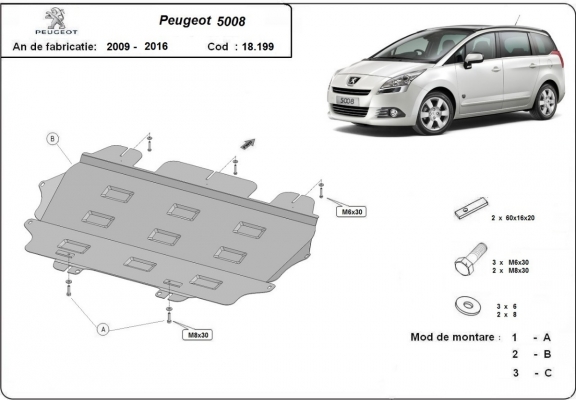Steel skid plate for the protection of the engine and the gearbox for Peugeot 5008