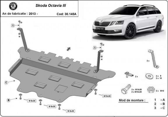 Steel skid plate for the protection of the engine and the gearbox for Skoda Octavia 3 - automatic gearbox
