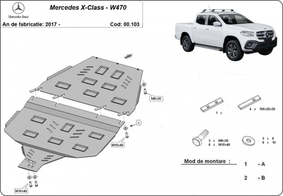 Steel gearbox skid plate and transfer case guard Mercedes X-Class W470