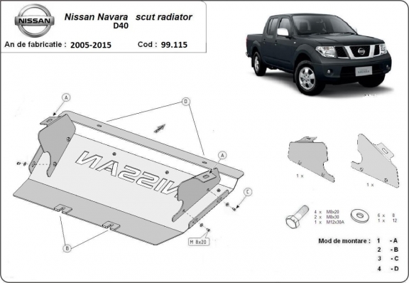Steel radiator skid plate for Nissan Navara D40