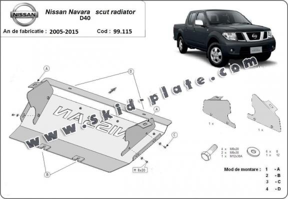 Steel radiator skid plate for Nissan Navara D40