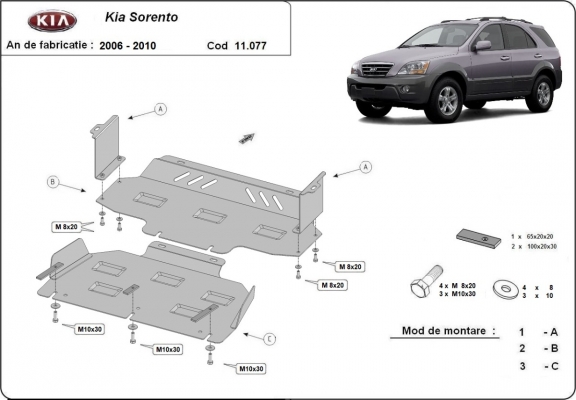 Steel skid plate for the protection of the engine and the radiator for Kia Sorento