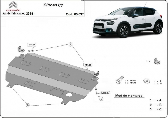 Steel skid plate for Citroen C3
