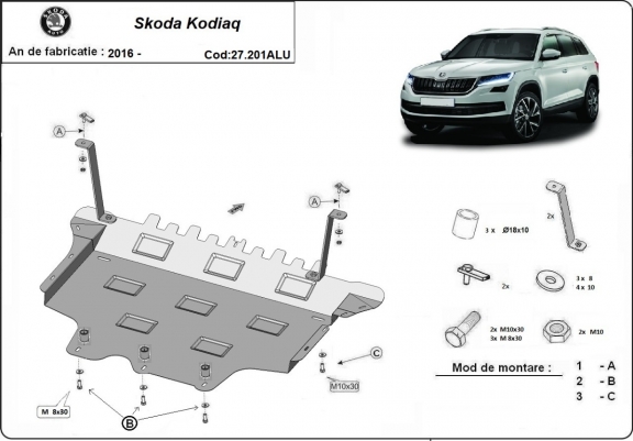 Aluminum skid plate for Skoda Kodiaq