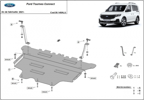 Aluminum skid plate for Ford Tourneo Connect