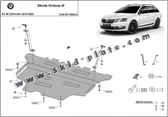 Aluminum skid plate for the protection of the engine and the gearbox for Skoda Octavia 3