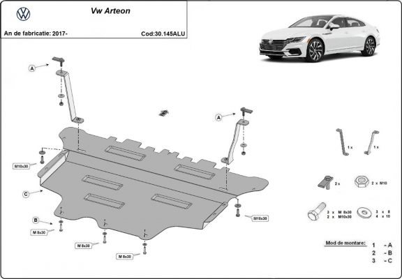 Aluminum skid plate for VW Arteon