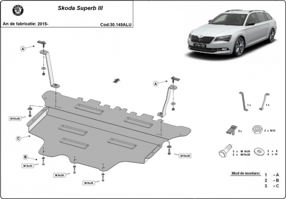 Aluminum skid plate for Skoda Superb III