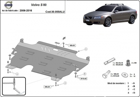 Aluminum skid plate for the protection of the engine and the gearbox for Volvo S80