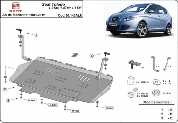 Aluminum skid plate for Seat Toledo 3