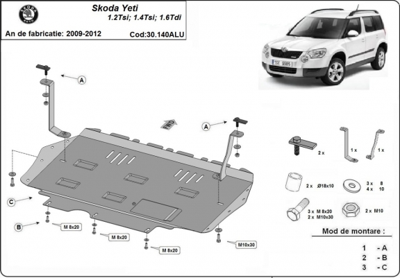 Aluminum skid plate for the protection of the engine and the gearbox for Skoda Yeti