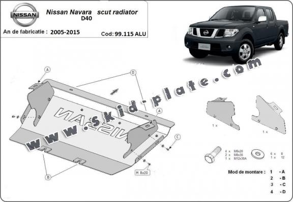 Aluminum radiator skid plate for Nissan Navara D40