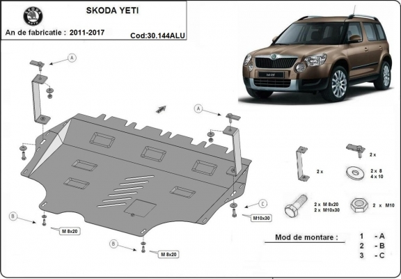 Aluminum skid plate for the protection of the engine and the gearbox for Skoda Yeti