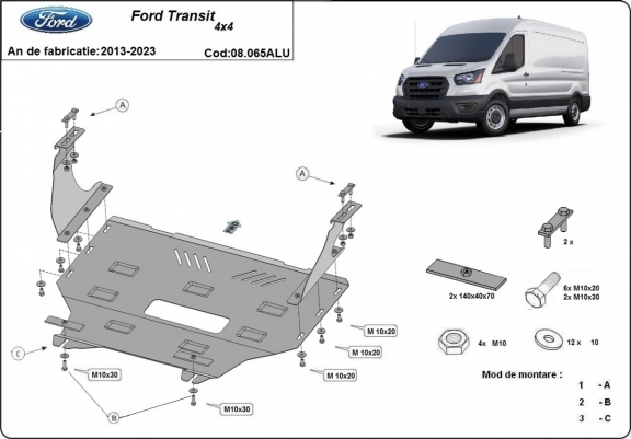 Aluminum skid plate for Ford Transit 4x4