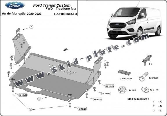 Aluminum skid plate for the protection of the engine and the gearbox for Ford Transit Custom - FWD