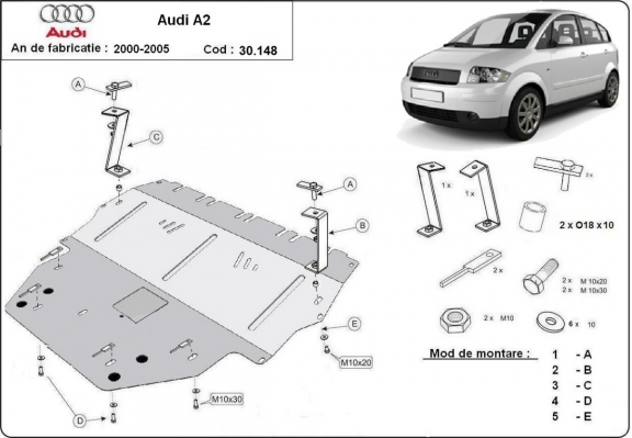 Steel skid plate for Audi A2