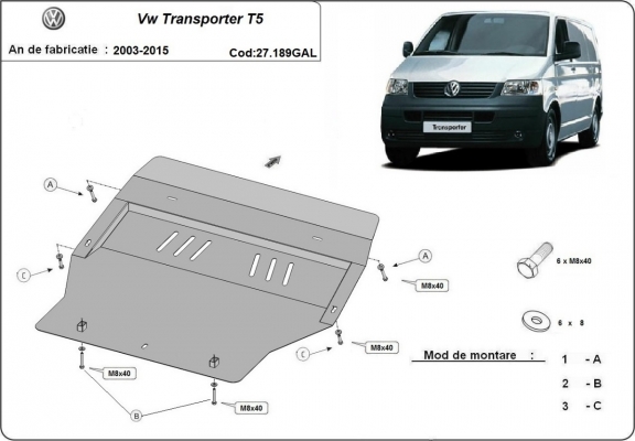 Galvanized steel skid plate for Volkswagen Transporter T5
