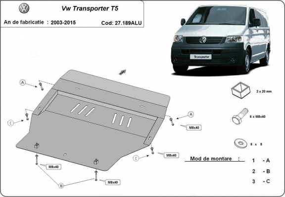 Aluminum skid plate for Volkswagen Transporter T5