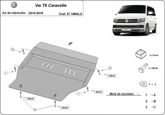 Aluminum skid plate for Volkswagen Transporter T6 Caravelle