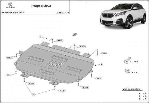 Steel skid plate for the protection of the engine and the gearbox for Peugeot 3008