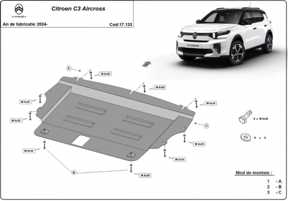 Steel skid plate for the protection of the engine and the gearbox for Citroen C3 Aircross