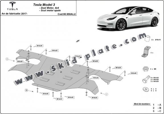 Rear electric aluminum motor skid plate - Tesla Model 3 AWD