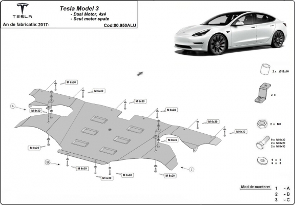 Rear electric aluminum motor skid plate - Tesla Model 3 AWD