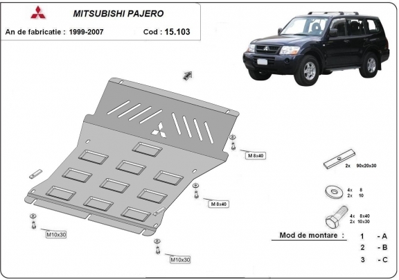 Steel skid plate for the protection of the engine and the radiator for Mitsubishi Pajero 3 (V60, V70) Vers. 2.0